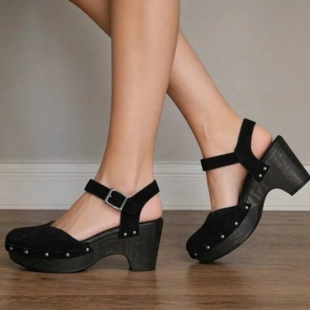 House of Harlow Cherub Suede Studded Mary Jane Platform Clogs 8.5 Black Sandal